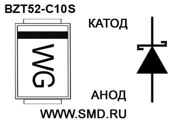Маркировка стабилитрона  BZT52C10S