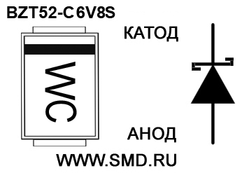 Маркировка стабилитрона  BZT52C6V8S