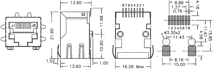 Размеры розетки RJ45 HY991101С для пайки на поверхность печатной платы