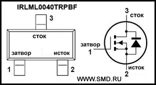 Цоколевка IRLM0040 транзистора