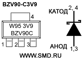 Маркировка стабилитрона  BZV90C3V9