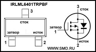 Цоколевка транзистора IRLML6401TRPBF