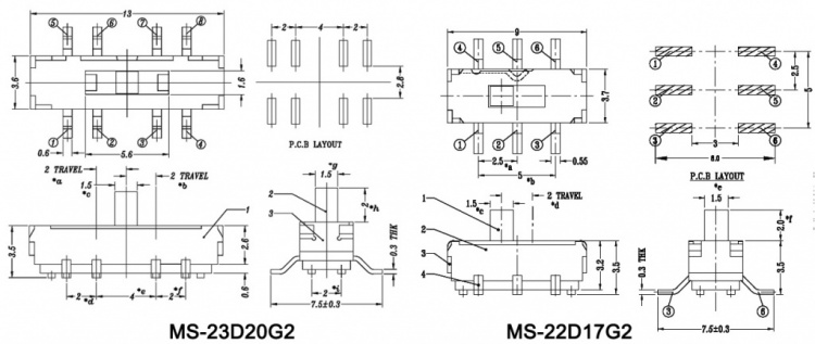 Размеры микропереключателей движковых MS-23D20G2  MS22D17G2