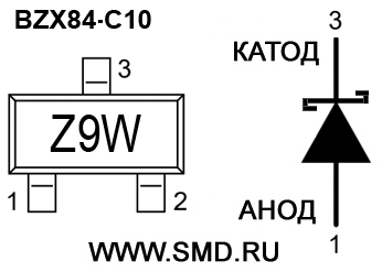 Маркировка стабилитрона  BZX84C10